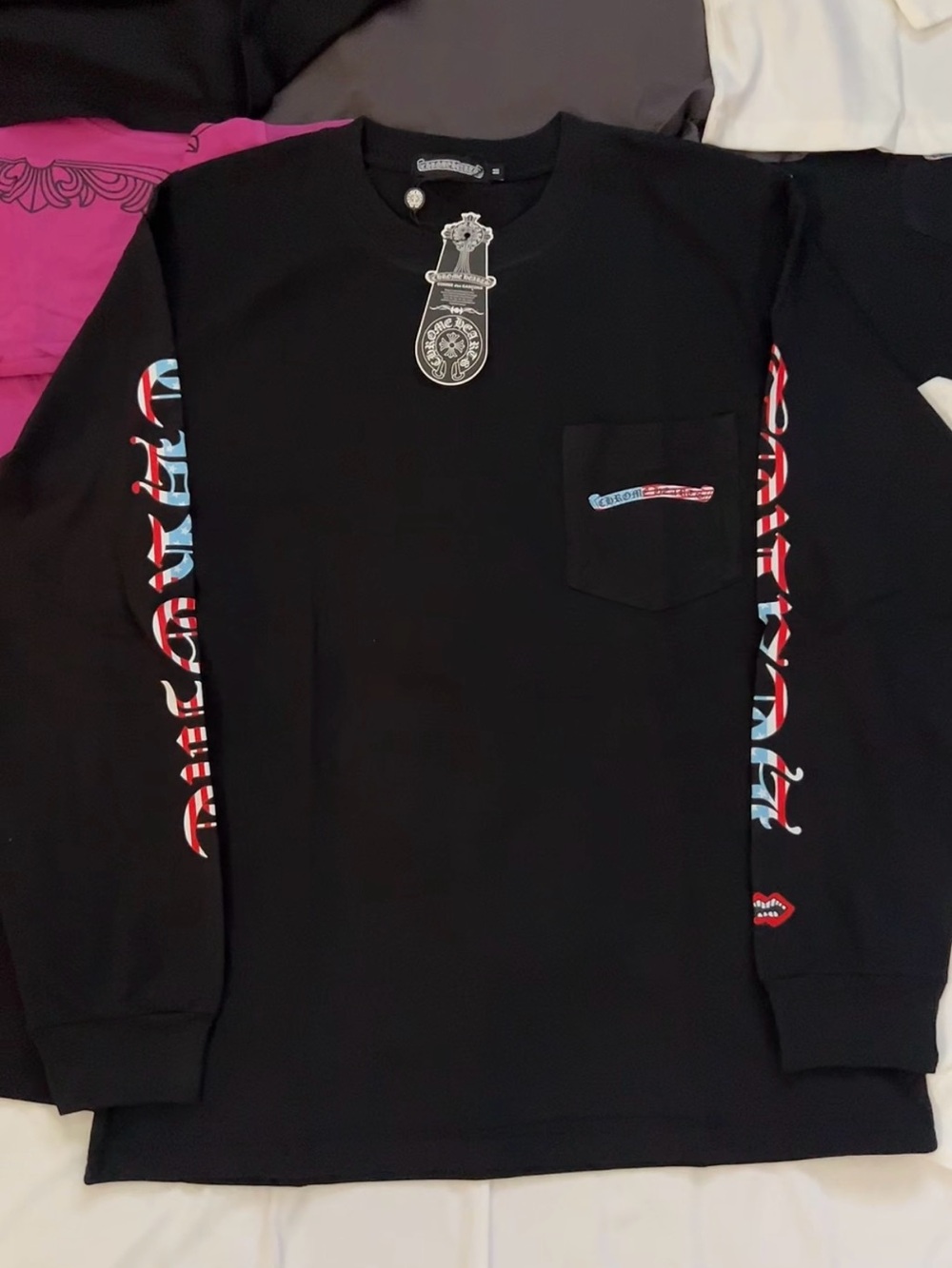 Chrome hearts Black Long-Sleeve Pocket Tee with Red & Blue Sleeve Script